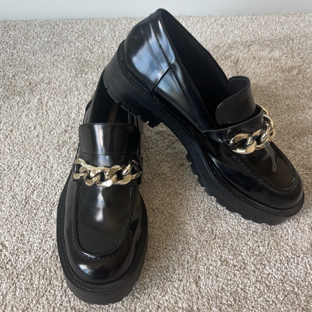 Zara Black Patent Loafers with Gold Chain Accent